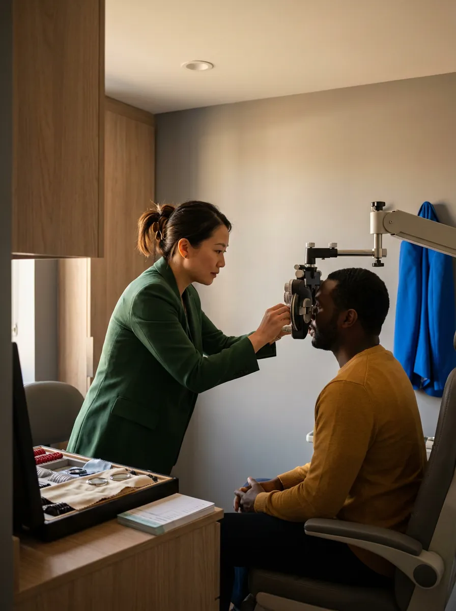 An eye exam with a slit lamp